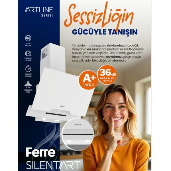 Ferre D063-SA DC İnverter Motor 36 dB Ultra Sessiz Yatık Cam Davlumbaz - Siyah