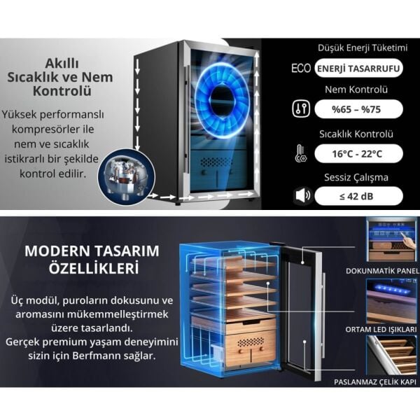 Berfmann BFC574-SG Humidor 574 Puro Kapasiteli Elektronik Puro Dolabı