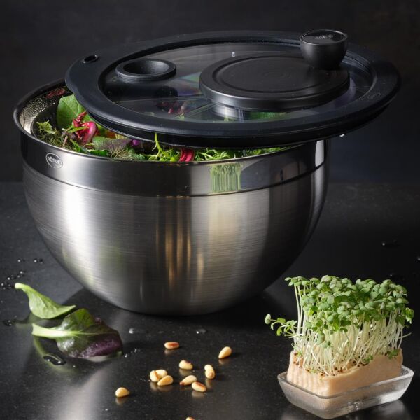 ösle 15695 Paslanmaz Çelik Cam Kapaklı Salata Kurutucu - Çap 24 Cm. / 5,4 Lt.
