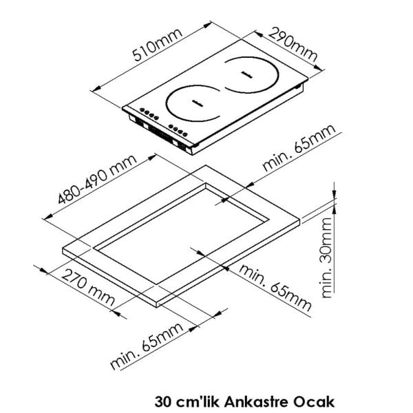 Ferre ES231 2 Gözü Elektrikli Vitroseramik Ankastre Cam Ocak