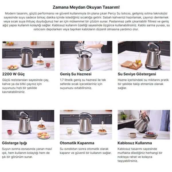 Fakir Percy 1.7 Litre 2200 W Paslanmaz Çelik Kettle