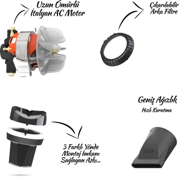 Etap Otello Pro Pure 2000 W Duvara Monte Otel Tipi Saç Kurutma Makinesi - Siyah