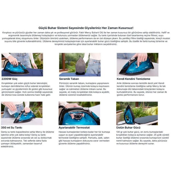 Fakir Mercy 2200W Seramik Taban Buharlı Ütü - Mavi